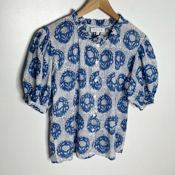 Marea Puff Sleeve Button Up Blouse Womens Small Blue Floral Block Print Cotton - Picture 2 of 8